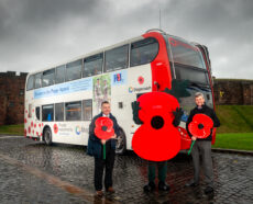 Stagecoach Cumbria and North Lancashire reveal their Remembrance themed livery for the Poppy Appeal 2021. Pictured, Rob Jones, Stagecoach Cumbria and North Lancashire MD (left) with Alan Whitmore, Community Fundraiser at The Royal British Legion (right). © Harry Atkinson