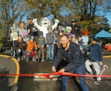 Ben Berry from English Lakes Hotels cuts the ribbon to open Windermere Parks new Pump Track