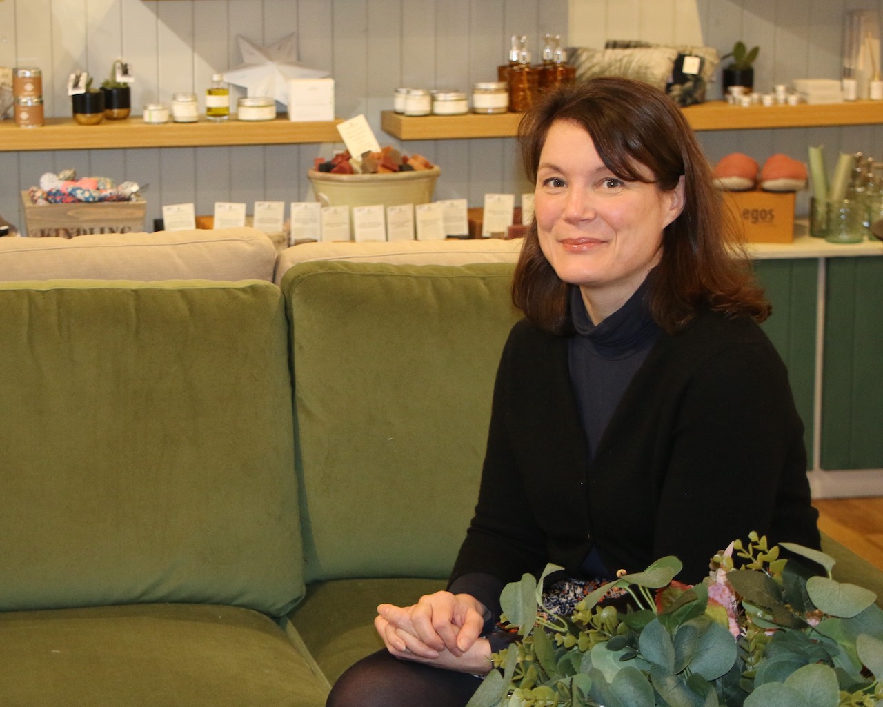 Jacqueline Ward on a Habbio sofa. Credit Sam Dewhurst