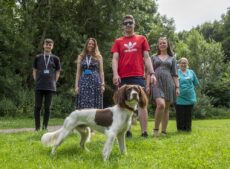 Eden Valley Hospice Hound Hike 2021. Dog walking at Hammond's Pond, Carlisle. Left to right. Adam Chubb Eden Valley Hospice digital marketing apprentice and fund raising manager Eleanor Viney, fundraisers Tom and Suzie Little with Monty and health care assistant Dawn Kidd. 19th July 2021 Photograph Jonathan Becker beckerphoto.co.uk