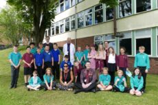 : Blast off: Cameron Stewart from Sainsbury’s & Rebekkah Minchin-Hepburn from The Lakes Free Range Egg Company and Mr Ford with pupils from Bolton (teal) Crosby Ravensworth (Burgundy) and Asby (blue) primary schools.