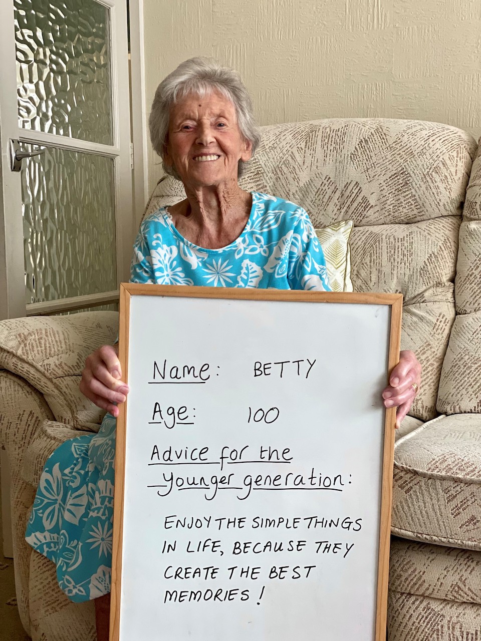 Heydays client Betty with her advice board