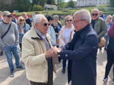 (Left) Harry Olmer, one of "The Windermere Children" meets architect Damiel Libeskind in Cumbria. (Right) Trevor Avery BEM, Director of Lake District Holocaust Project, giving a talk on the Calgarth Estate at Windermere
