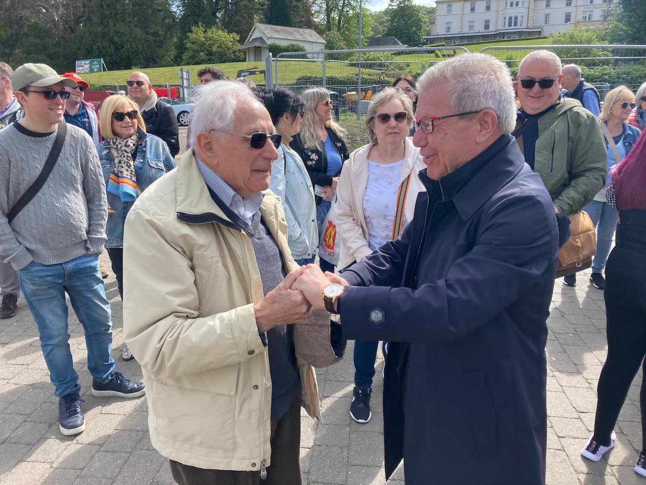 (Left) Harry Olmer, one of "The Windermere Children" meets architect Damiel Libeskind in Cumbria. (Right) Trevor Avery BEM, Director of Lake District Holocaust Project, giving a talk on the Calgarth Estate at Windermere