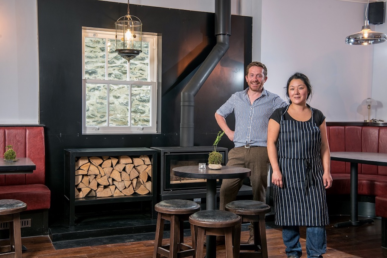 James Ratcliffe and Nina Matsunaga in the bar area at the Black Bull, Sedbergh