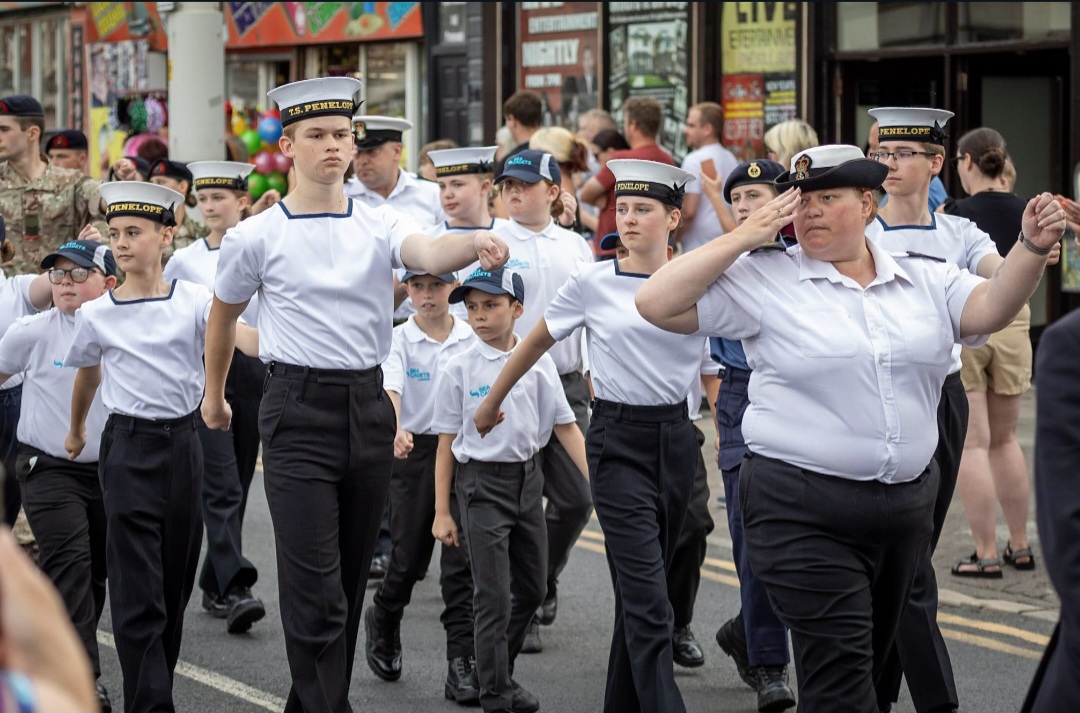 Kay Jackson, Chief Petty Officer (CPO) of Blackpool Sea Cadets, pictured marching at the front of the cadets