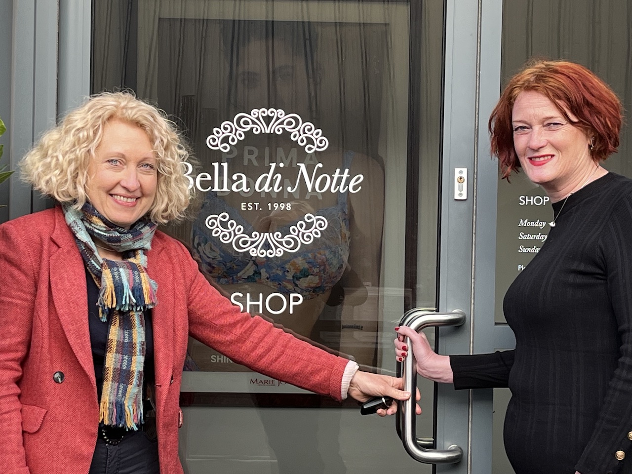 Susan Johnson, founder of Bella di Notte and Jo Ritzema, Managing Director of WCF, at Bella di Notte's retail store and mail-order business in Malton